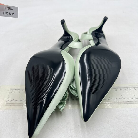 miss left Light Green Flower Pointed Toe Satin Slingback Slip on Low Heel Pumps - Picture 7 of 8